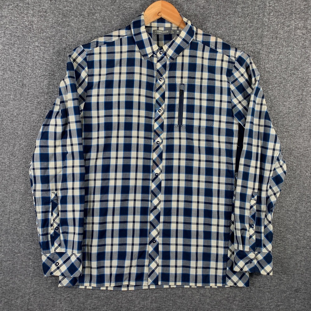 Icebreaker Merino Shirt Men Medium Departure Blue Snap Plaid Long Sleeve
